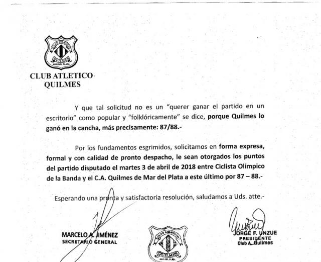 Quilmes le pide a la AdC el partido de Olmpico